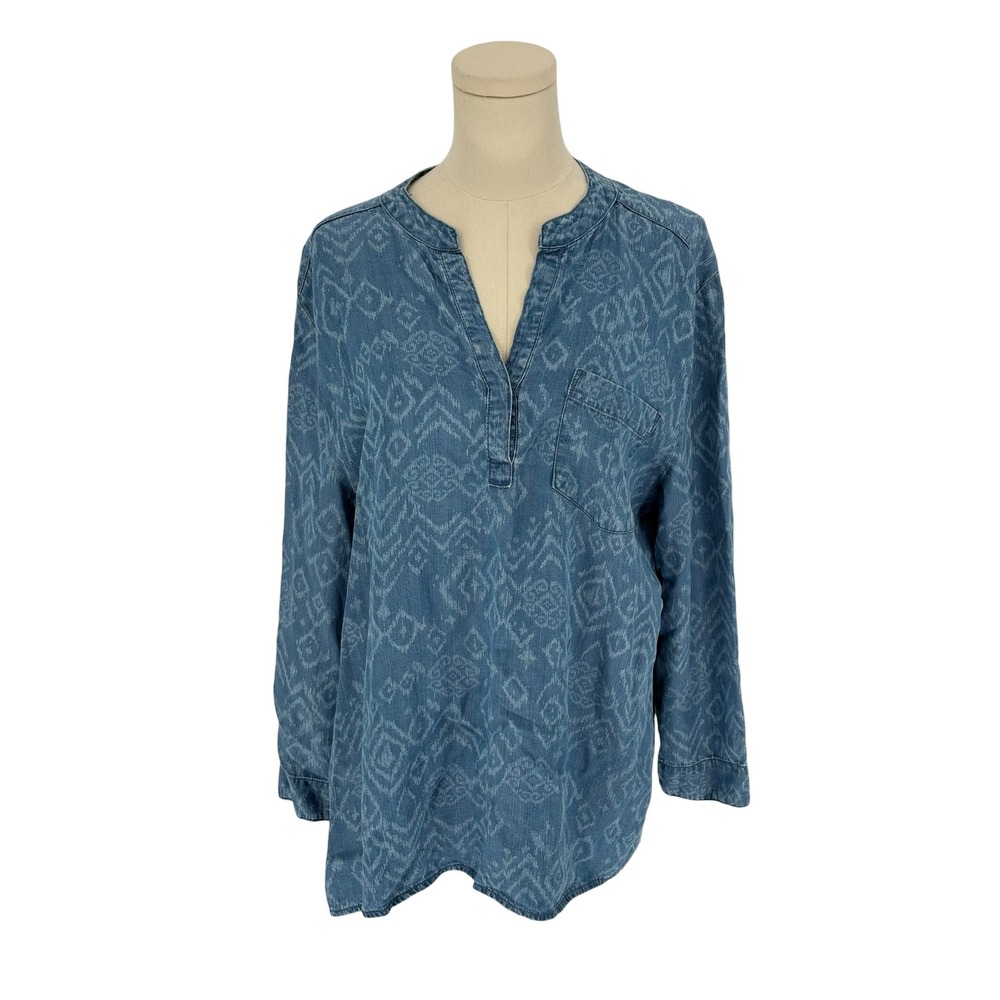 Grand & Greene Tunic Top Blue Geometric Ikat Split Neck L
